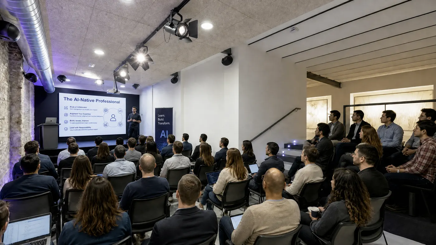 Attendees seated at an AI Campus course in Barcelona watching a presenter, with an 'AI-Native Professional' slide on screen.